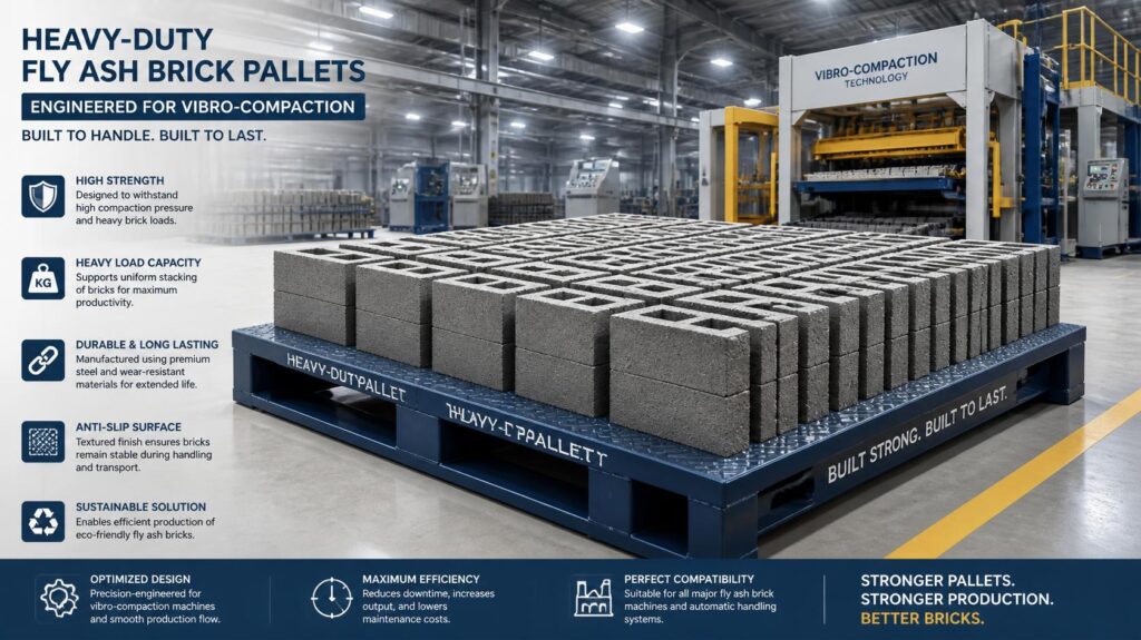 Neatly stacked fly ash bricks on durable pallets organized for optimized storage in a DIY production facility