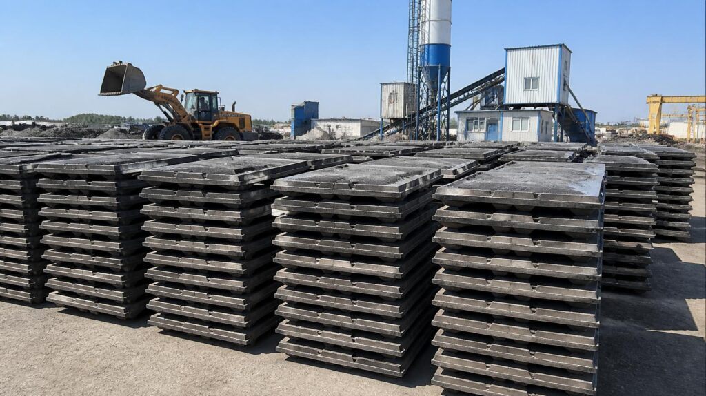 Heavy-duty Rajratan PAC fly ash brick pallets undergoing vibro-compaction in a brick manufacturing plant